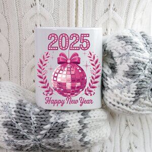 Retro New Year 2025 Mug - Pink Disco Ball & Bow, 2025 Happy New Year Design